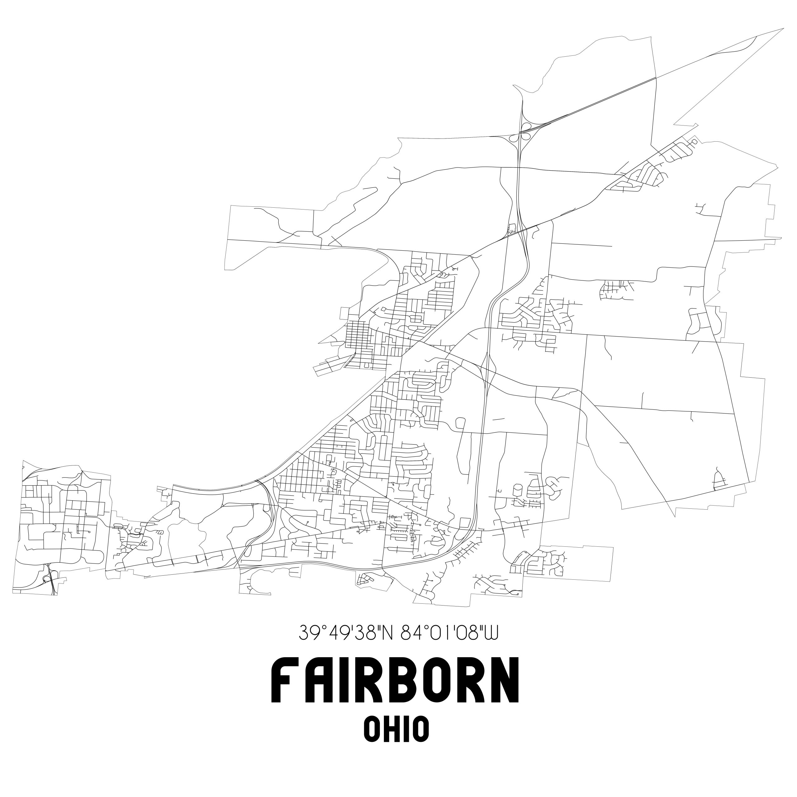 Fairborn Ohio. US street map with black and white lines.